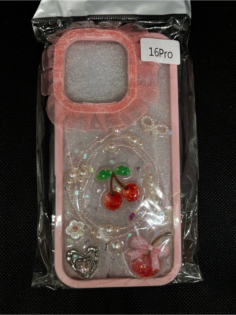 Pink Cherry Glitter iPhone 16 Pro Case with Pearls and Ruffle